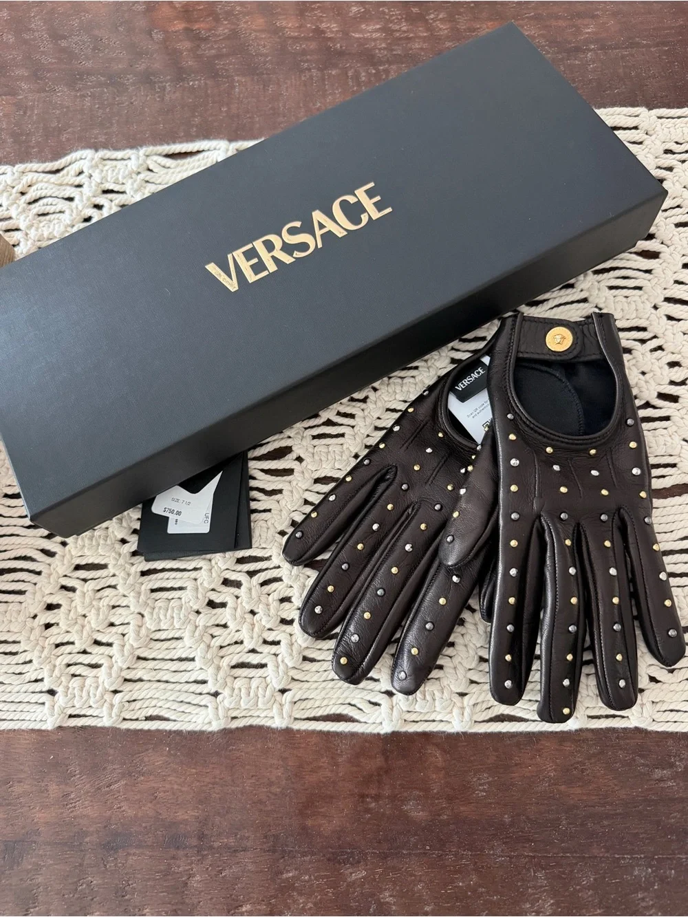 Versace Studded Lambskin Leather Gloves - Black - Size 7 1/2 - New With Tags